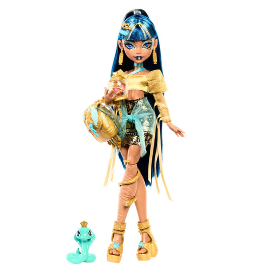 Monster High Cleo De Nile doll in a golden blouse and layered skirt for royal-inspired play