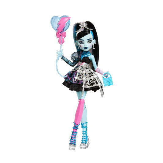 Monster High Frankie Stein in a black party dress, ideal for imaginative spooky play.