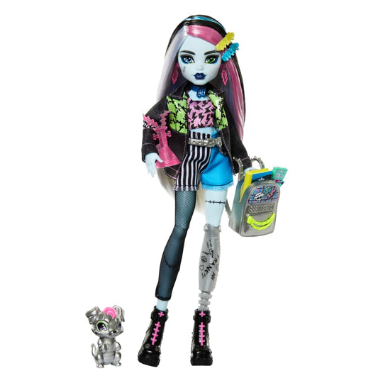 Monster High Frankie Stein denim jacket doll showcases a bold patchwork look for imaginative play