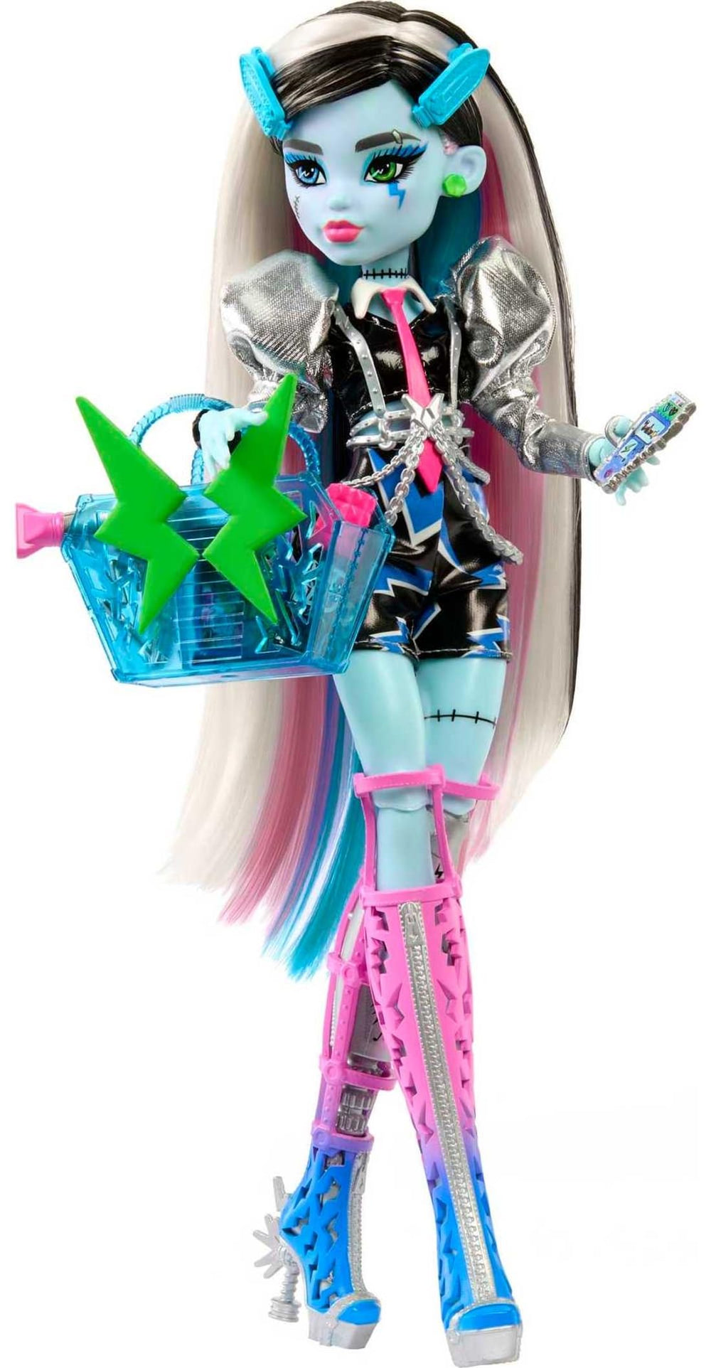 Monster High Frankie Stein wearing a draped chain harness for edgy fashion flair.