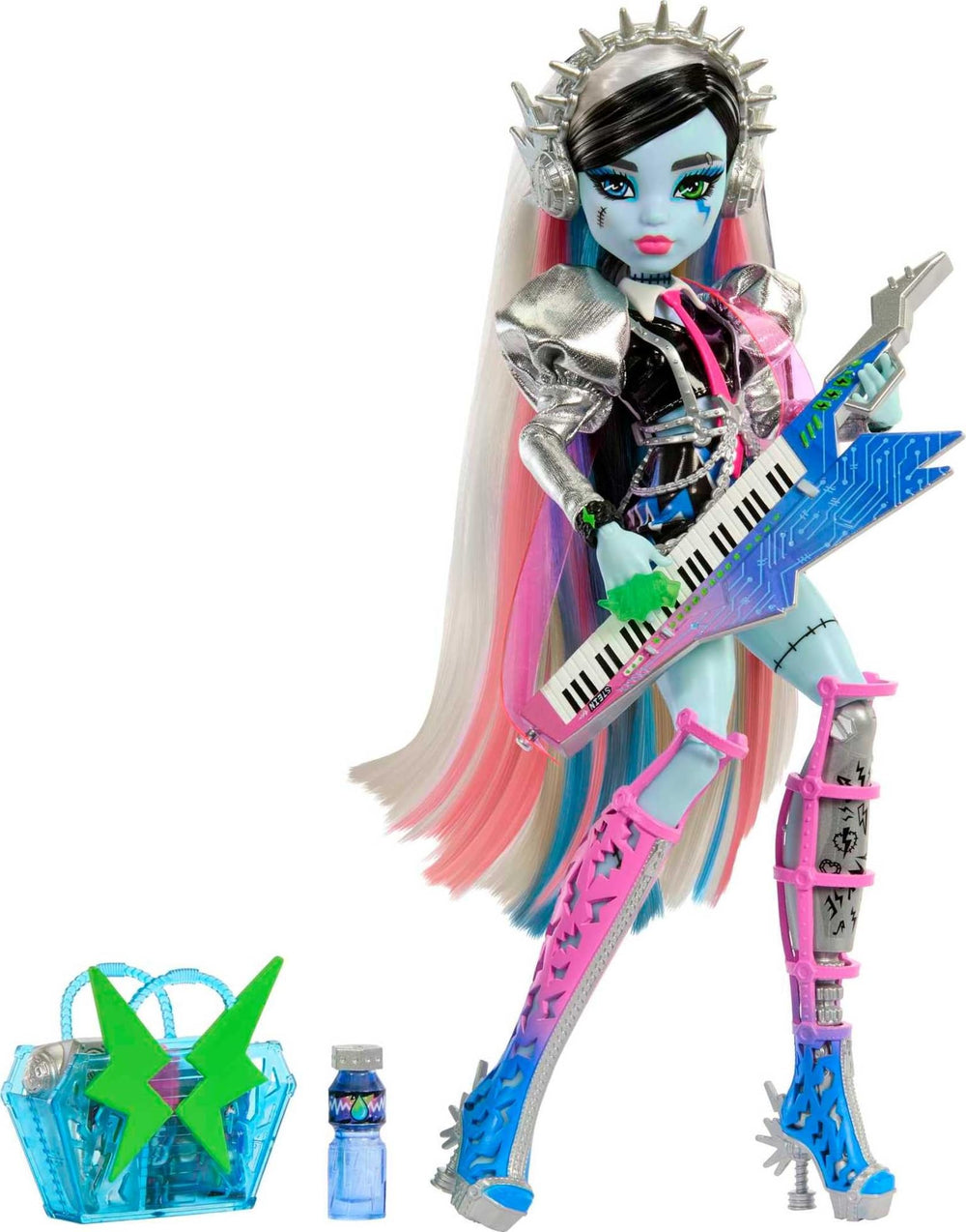 Monster High Frankie Stein with a keytar instrument for rock-inspired storytelling.