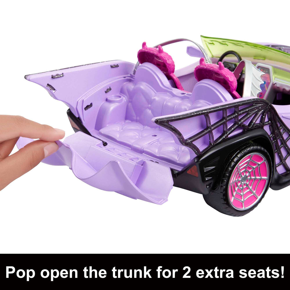 Monster High Ghoul Mobile phantom fox pet seated in the back for companionship.
