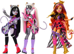 Monster High Hissfits Toralei Stripe doll in purple romper for backstage play