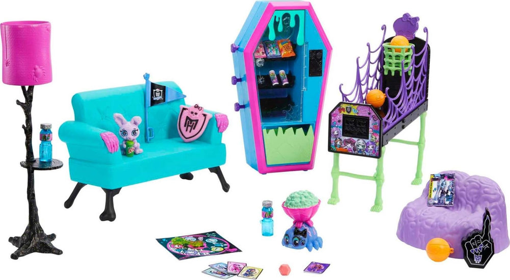 Monster High Student Lounge doll house scene encourages imaginative storytelling.