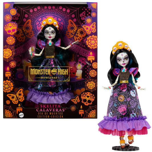 Monster High Skelita doll in Día de Muertos pose, ideal for display and collection.