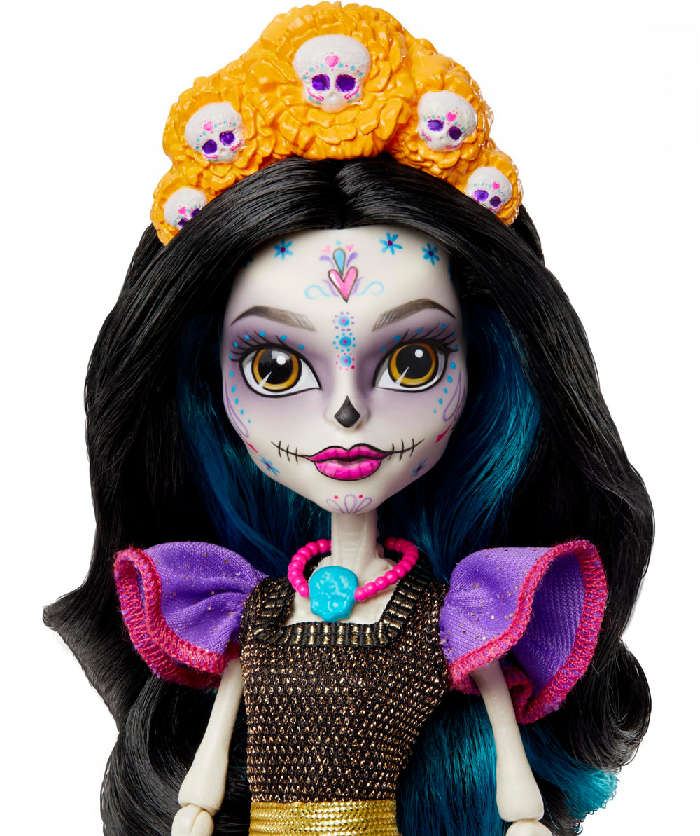 Monster High Skelita dress close-up shows marigold details and glittering accents.