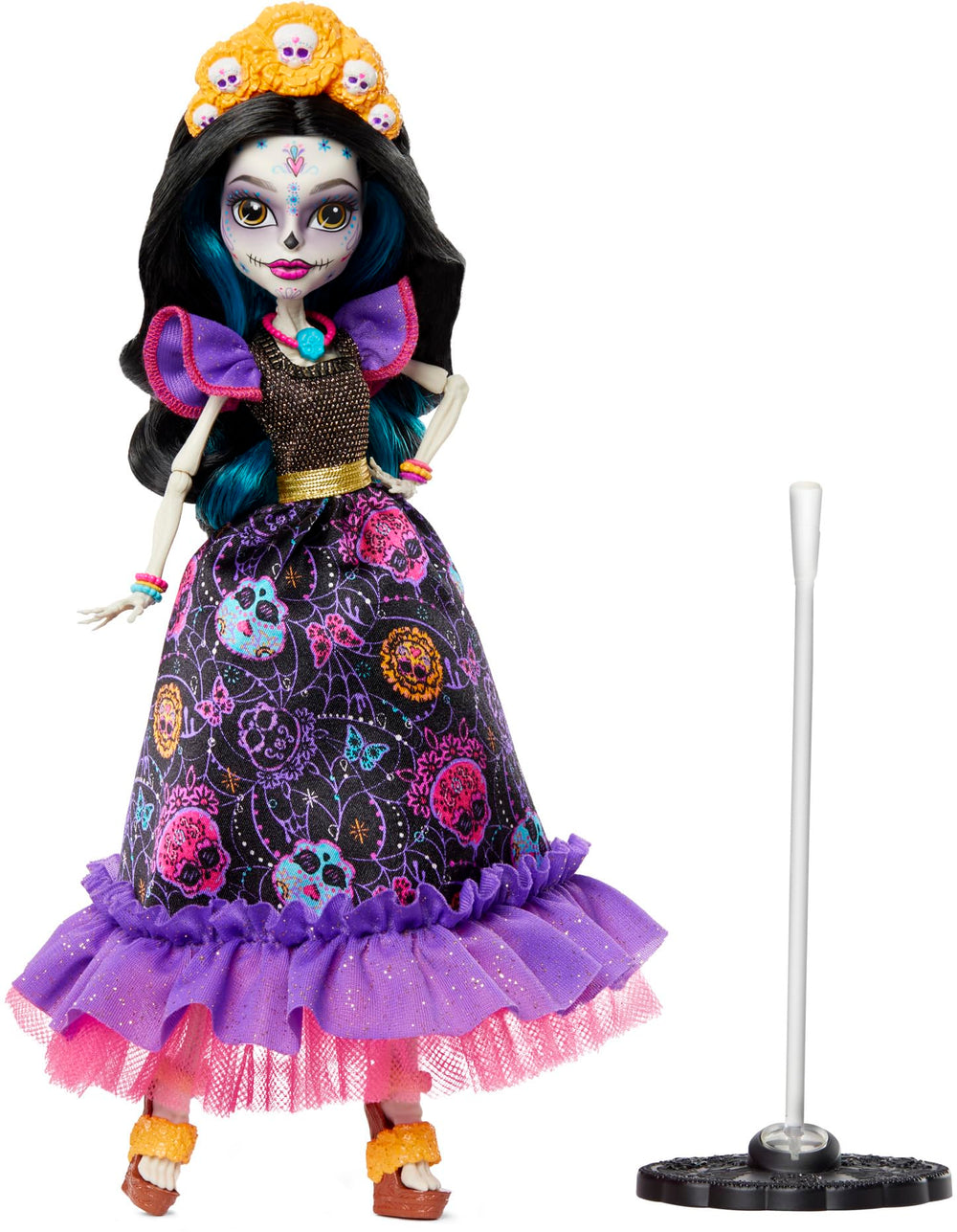 Monster High Skelita collector packaging and doll stand support safe display.