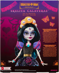 Monster High Skelita Calaveras fashion shimmers in a gothic gown with skull detailing.