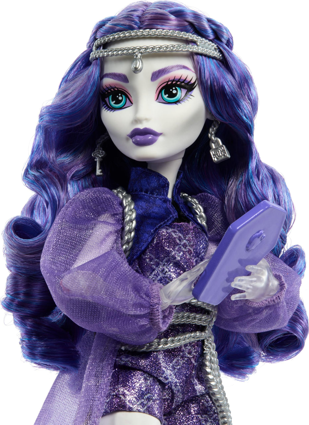 Monster High Spectra doll with ball and chain belt and matching shoes.