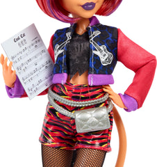 Monster High Toralei with sheet music and microphone encourages pretend performances.