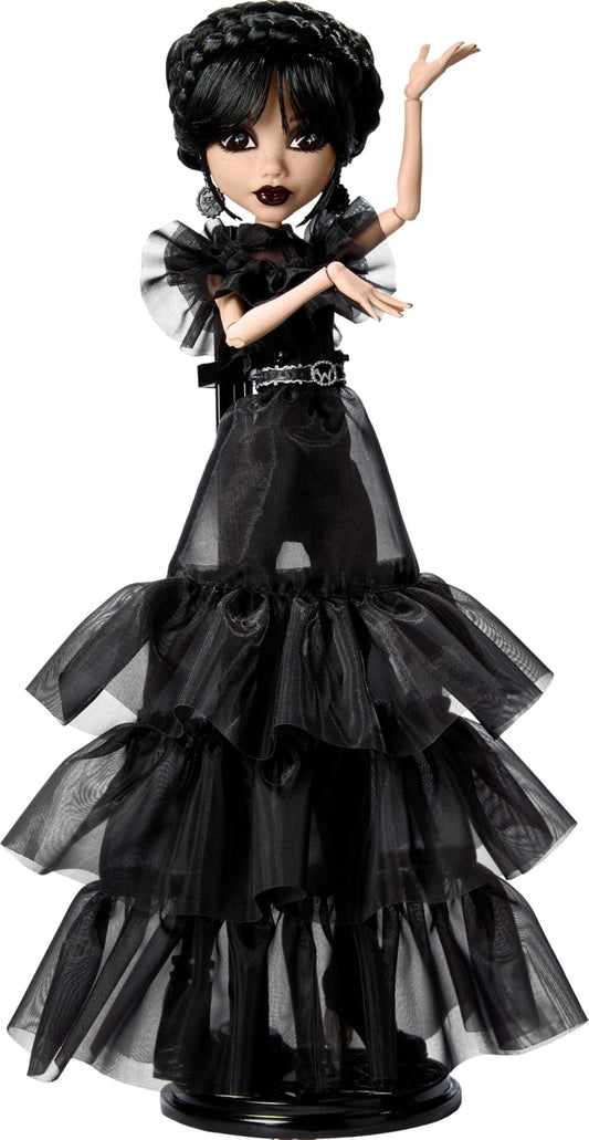 Monster High Wednesday Raven N dress in a black Gothic gown for display.