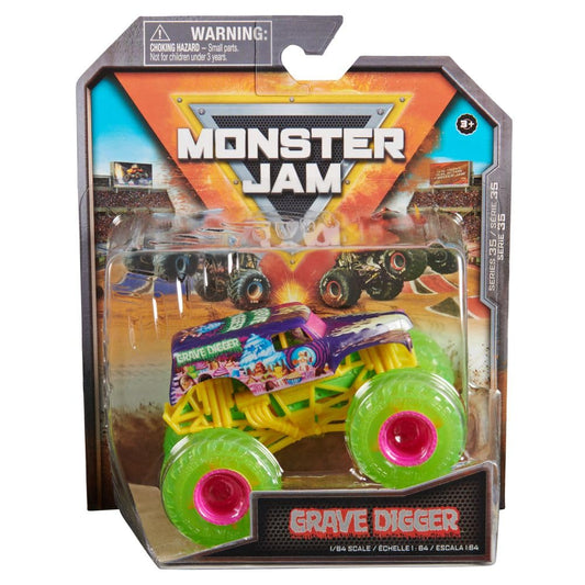 Monster Jam Grave Digger 1-64 front view with authentic detailing for display.