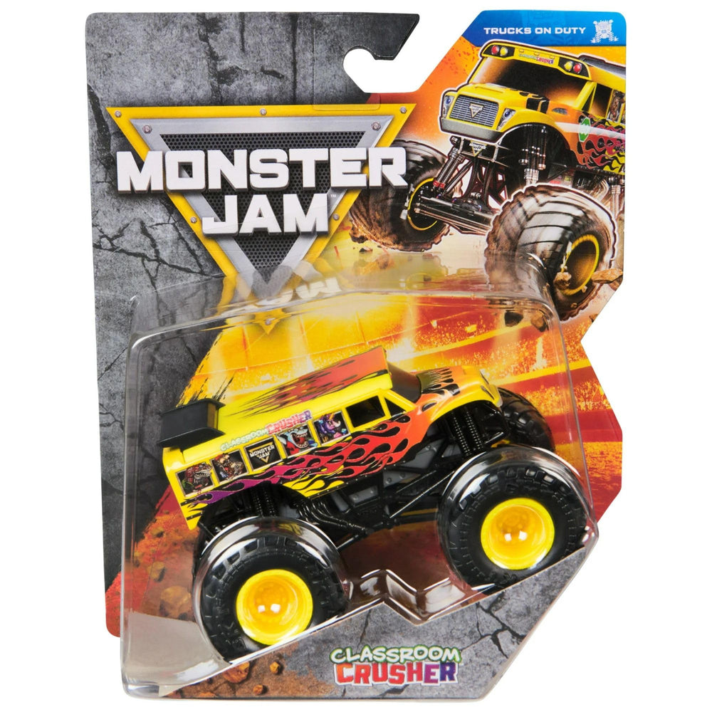 Monster Jam 2025 Classroom Crusher School Bus diecast with authentic tires for display and play.