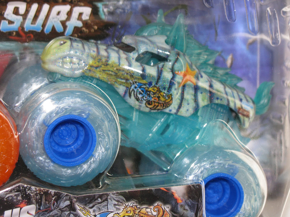 Monster Jam Aqua Stallion truck rear view emphasizes display-ready design.