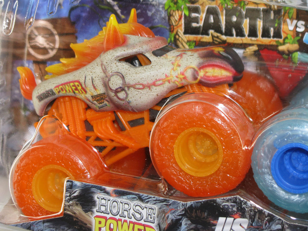 Monster Jam Aqua Stallion truck side view shows vibrant color and motion capability.