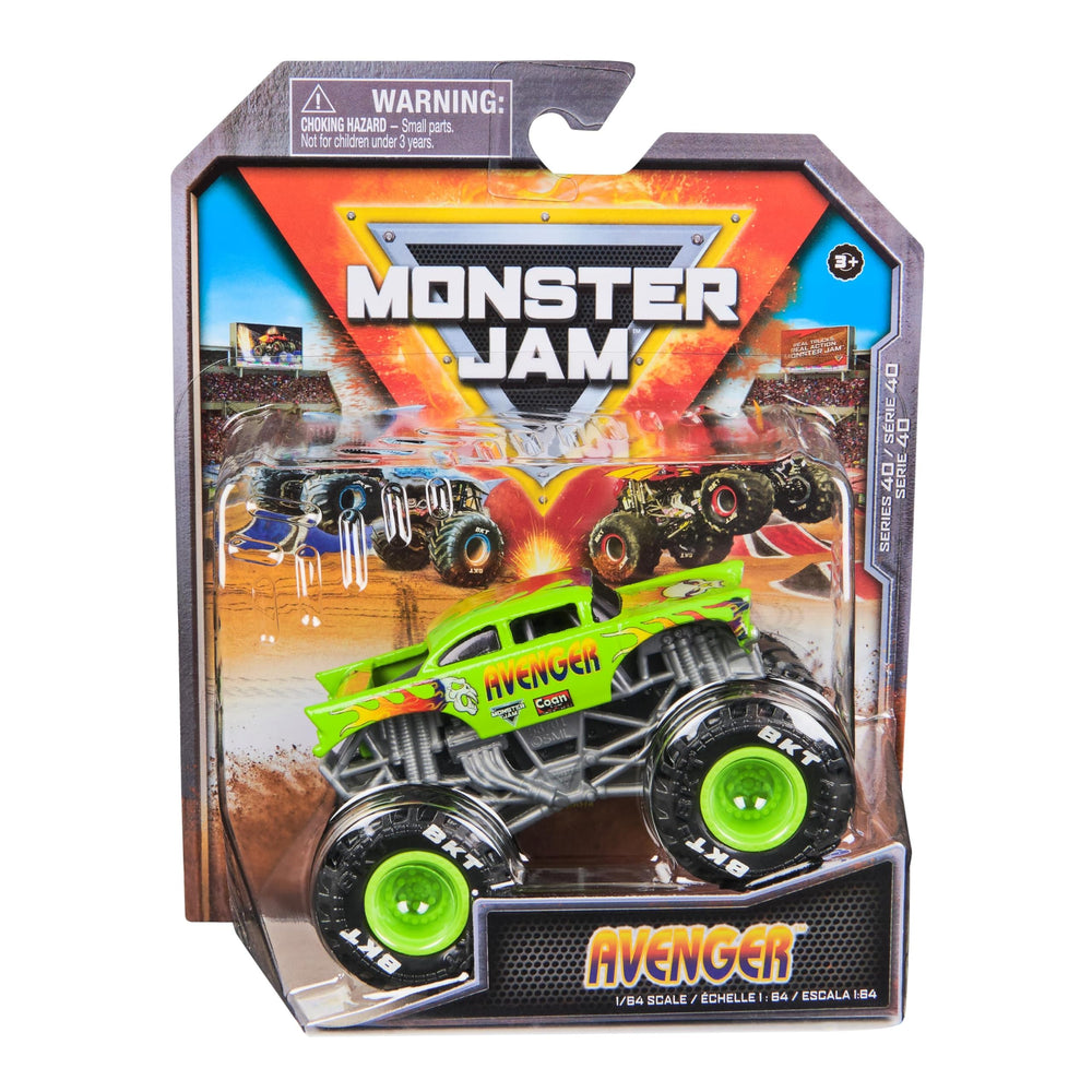 Monster Jam Avenger 1:64 diecast truck with authentic graphics for realistic play.