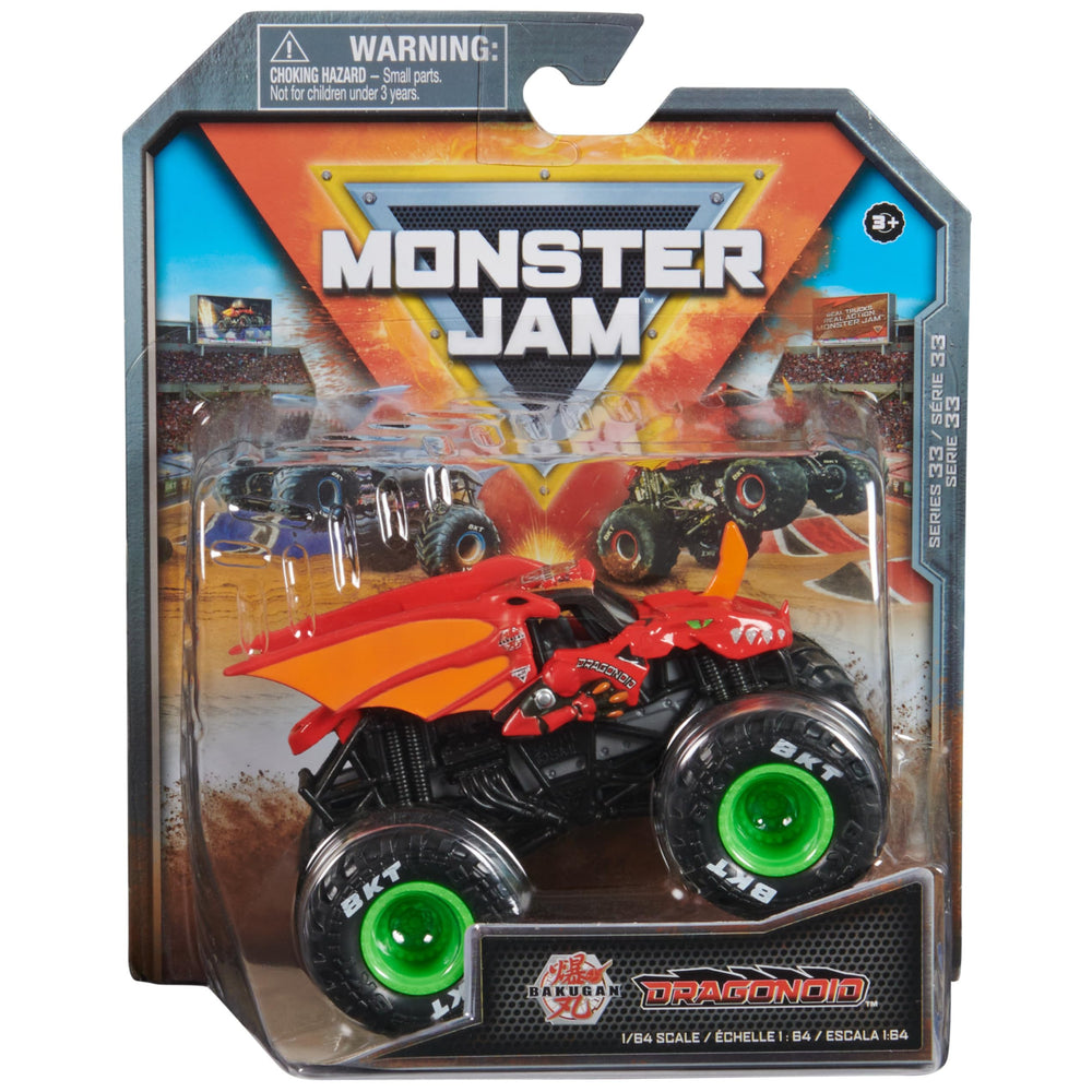 Monster Jam Bakugan Dragonoid truck in 1:64 scale with authentic tires for realistic play.