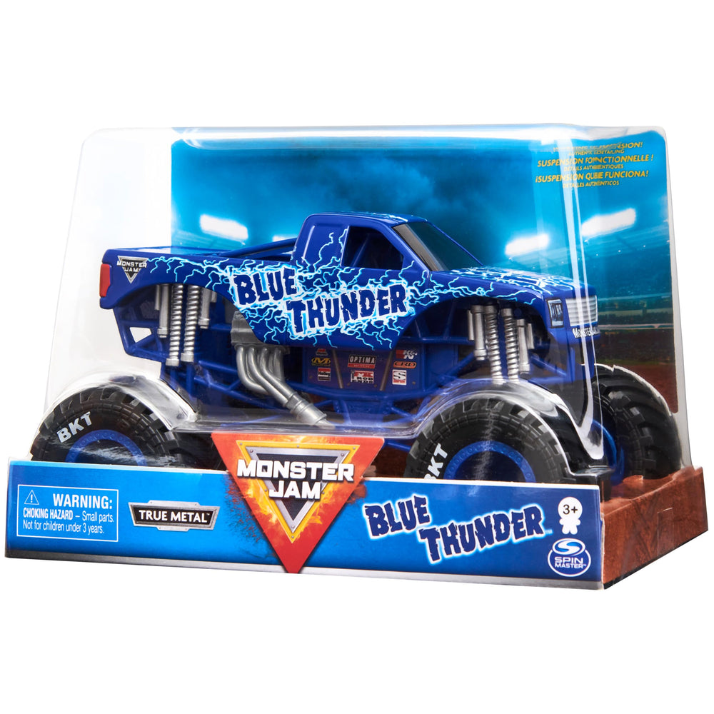 Monster Jam Blue Thunder 1:24 scale truck with working suspension for dramatic action display.