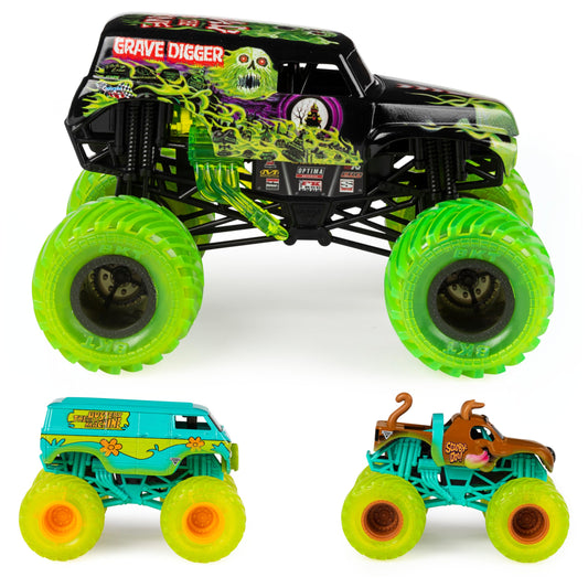 Monster Jam Grave Digger 1:24 die-cast with authentic graphics and BKT tires.