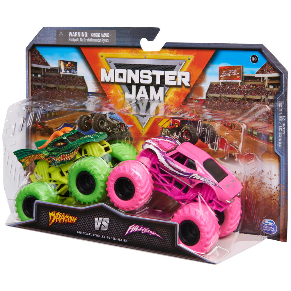 Monster Jam Dragon vs Full Charge tires; official BKT tires for realistic feel.