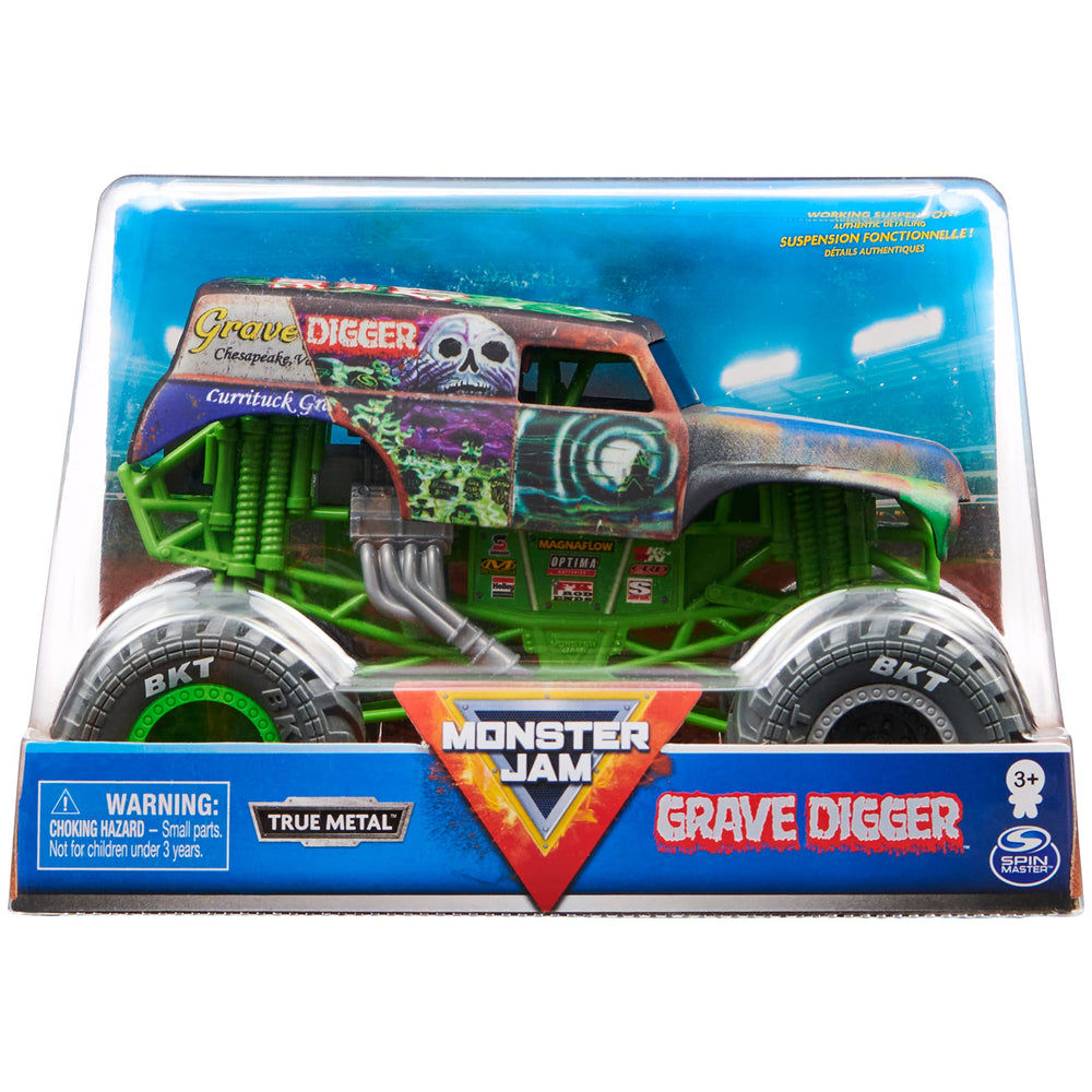 Monster Jam Grave Digger 1:24 scale truck front view showing authentic graphics for display