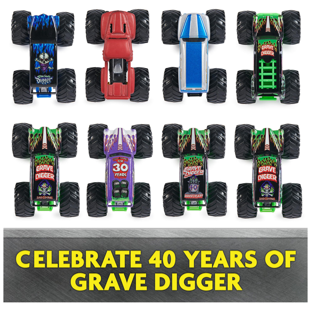 Eight 1:64 scale die-cast Grave Digger trucks with detailed graphics