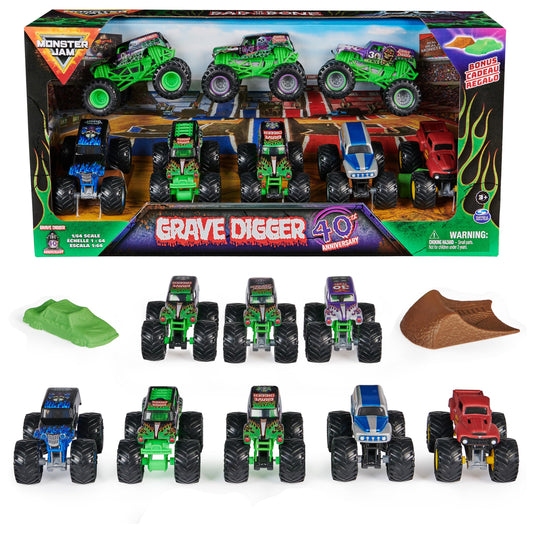 Monster Jam Grave Digger 40th Anniversary 8-Pack trucks with authentic BKT tires for action play