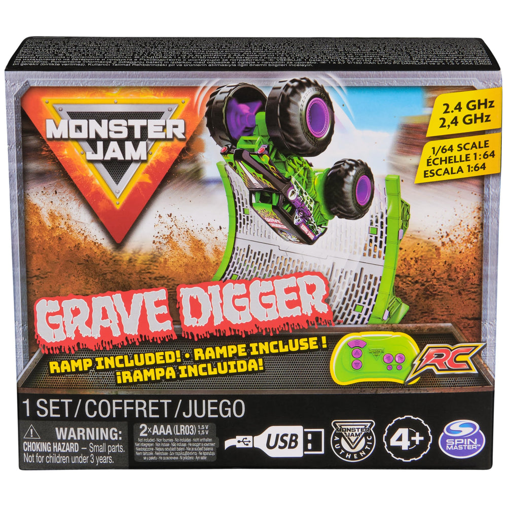 Monster Jam Grave Digger RC truck front view highlighting oversized tires