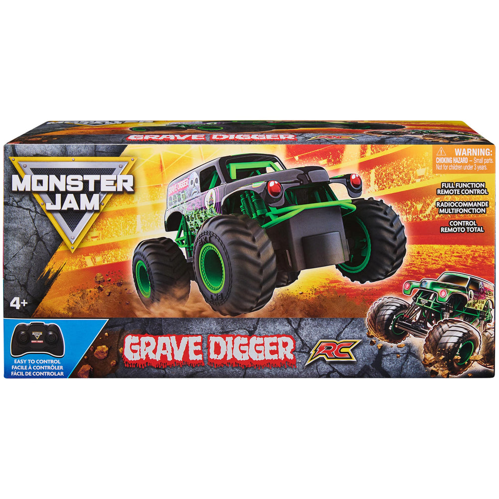 Monster Jam Grave Digger RC truck side drift captures dynamic turning and racing potential.