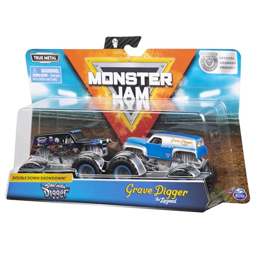 Monster Jam Grave Digger vs Son-Uva Digger 1:64 side view highlighting authentic scale detail.