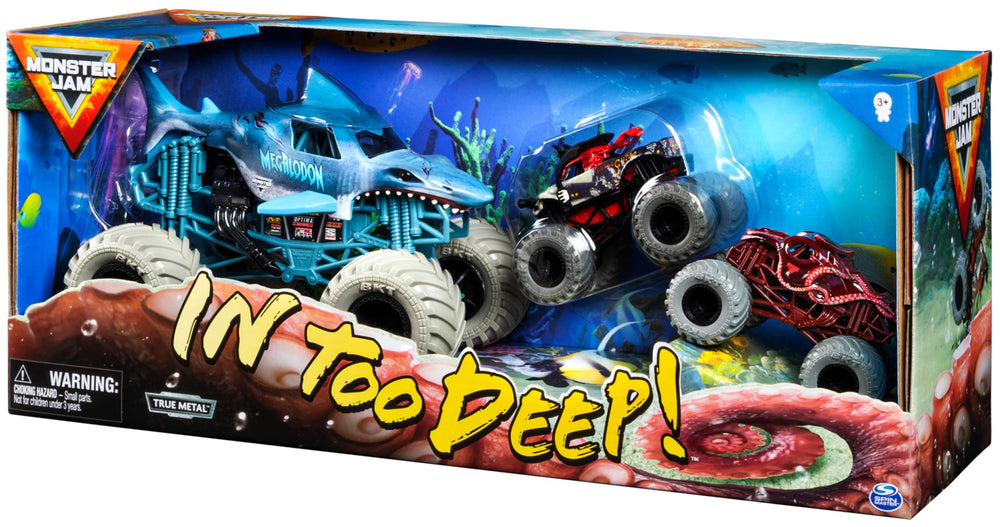 Monster Jam Megalodon 1:24 rubber tires close-up with working suspension.