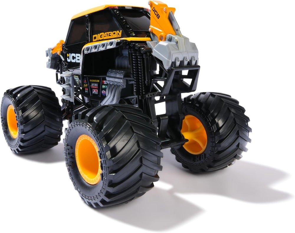 Monster Jam JCB Digatron 1:24 rubber BKT tires for enhanced traction during play.