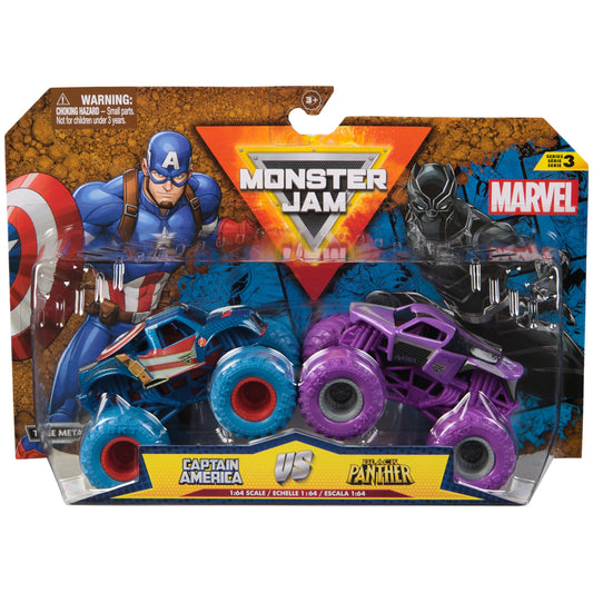 Monster Jam Marvel Captain America vs Black Panther die cast trucks showcase dynamic battle ready design