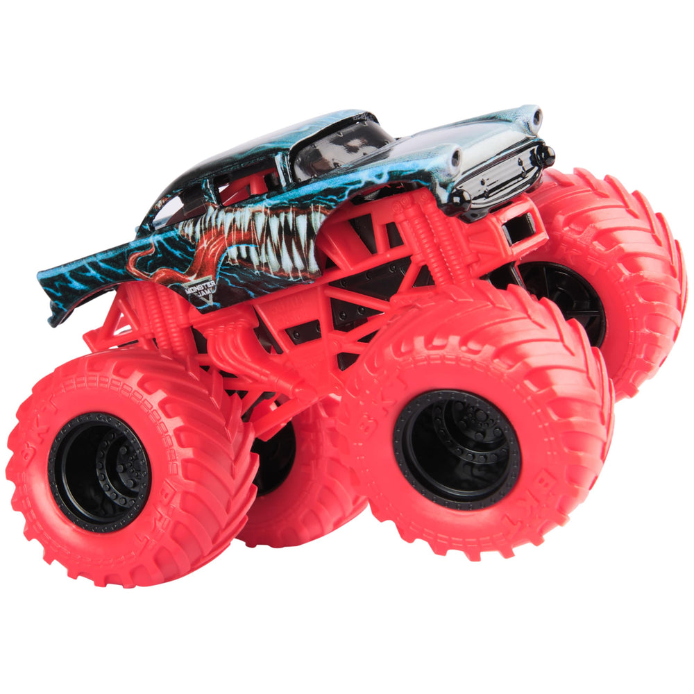 Monster Jam Marvel Venom truck graphics emphasize iconic Marvel symbols for collectible display.