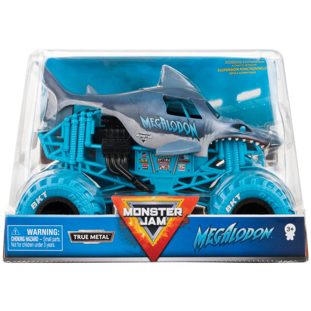 Monster Jam Megalodon 1:24-scale truck front view, authentic graphics for display.