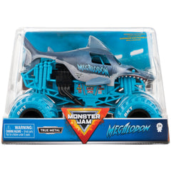 Monster Jam Megalodon 1:24-scale truck front view, authentic graphics for display.