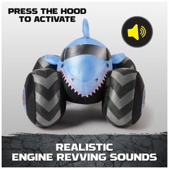 Monster Jam Megalodon plush truck shows giant squishy wheels for smooth rolling