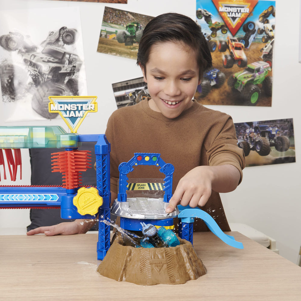 Spinning brushes in Monster Jam Megalodon Wash scrubbing action