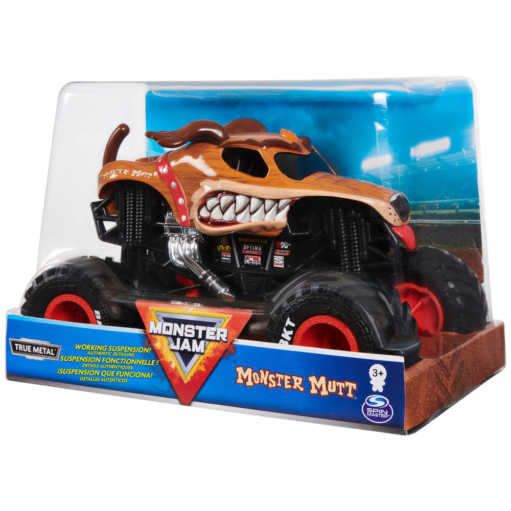 Monster Jam Official Monster Mutt 1:24 truck, working suspension absorbs impacts for dynamic jumps.