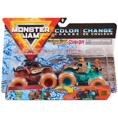 Monster Jam Rottweiler vs Scooby-Doo color-change die-cast trucks for display and play