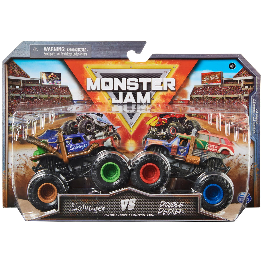Monster Jam Salvager vs Double Decker 1:64 trucks for action-packed play.