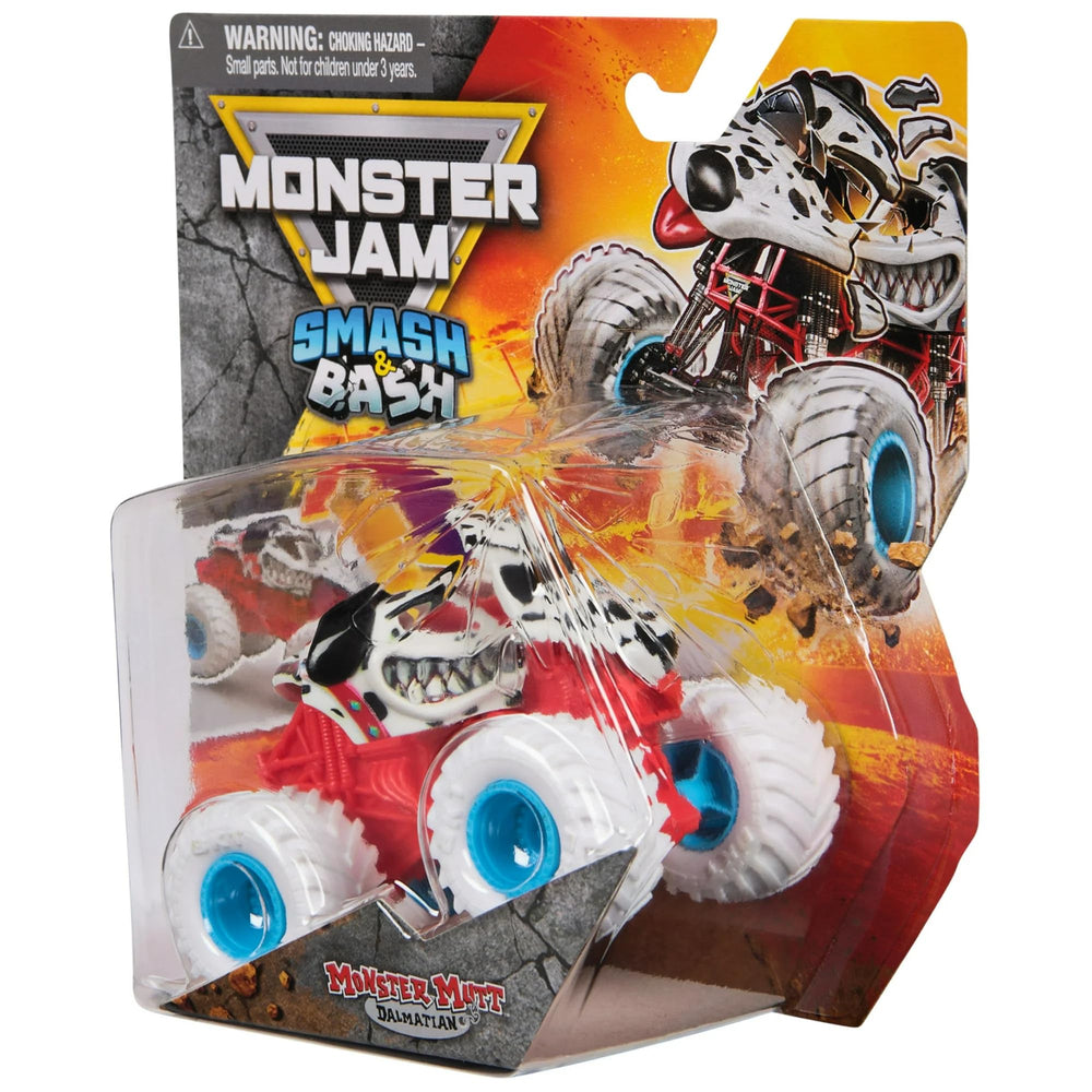 Monster Jam Smash & Bash Monster Mutt Dalmatian graphics close-up for collectors.