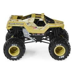 Monster Jam Soldier Fortune 1:24 scale truck graphics closeup highlighting vivid visuals.