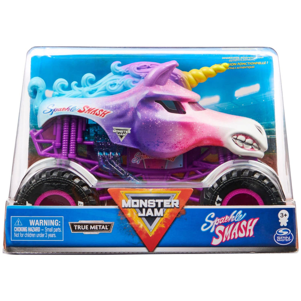 Monster Jam Sparkle Smash 1:24 scale truck side view with detailed graphics for collectors.