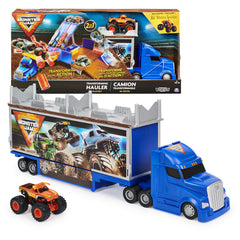 Monster Jam Transforming Hauler Playset with ramps for side-by-side racing.