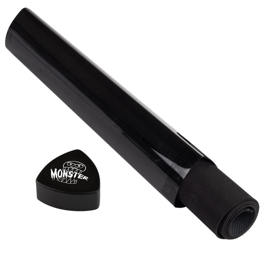 Monster Protectors prism playmat tube front view highlights its sleek opaque black design and portability.