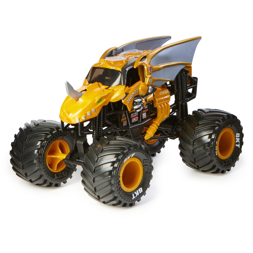 Monster Jam Bakugan Dragonoid side view shows detailed chassis and scale.