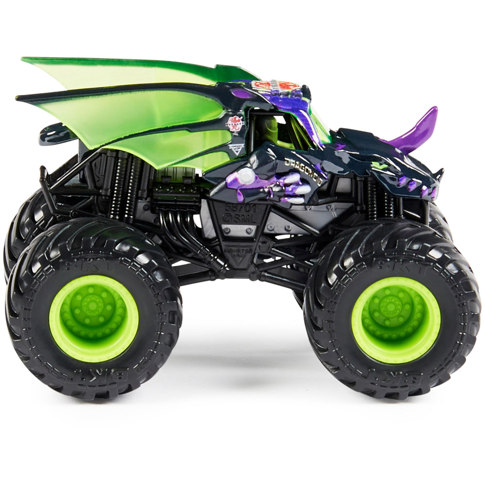 Monster Jam Bulldozer vs Racing Stripes 1:64 scale die-cast for sturdy play.