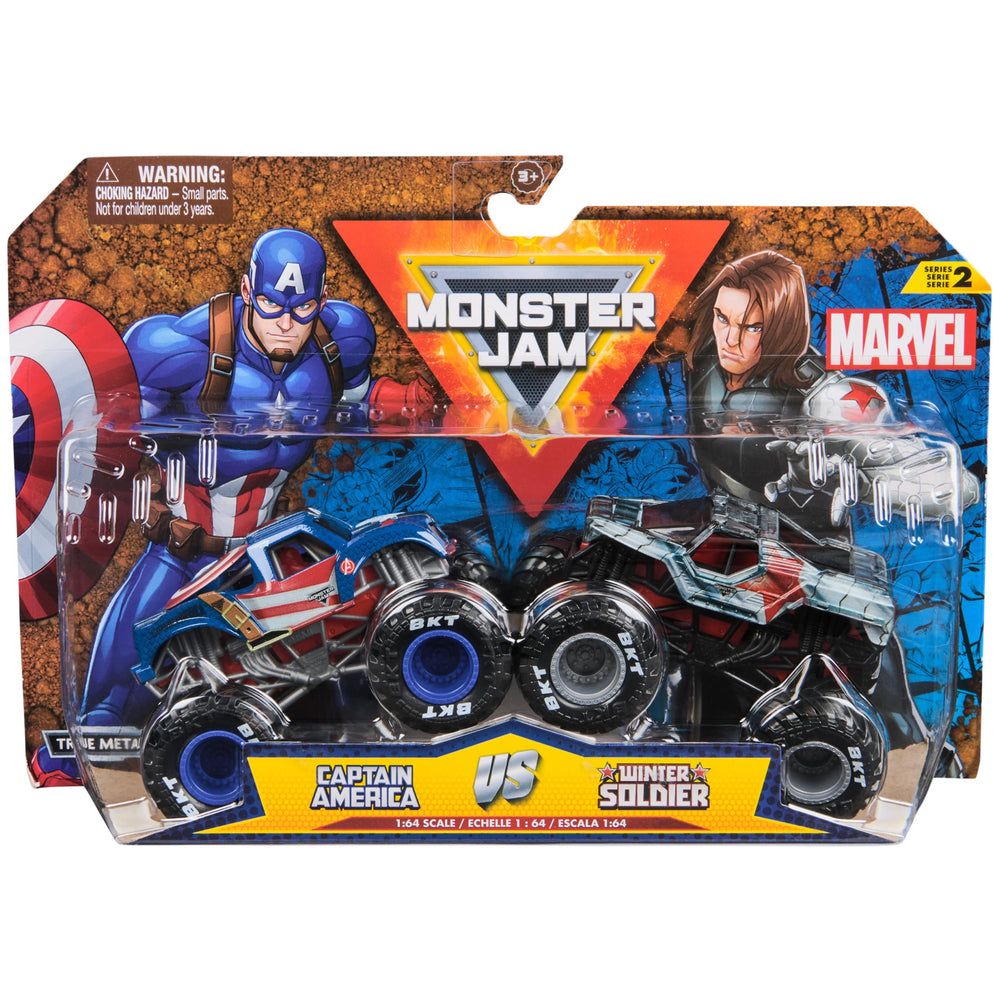 Monster Jam Captain America vs Winter Soldier die cast trucks in action