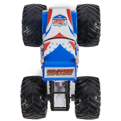 Monster Jam Lucas Stabilizer vs Jester on display stand for action scenes